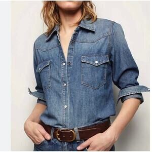 Nili Lotan Travis Denim Western Womens Shirt Size M Blue Pearl Snap Cotton USA